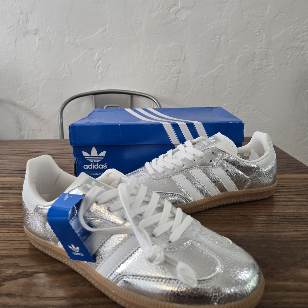 adidas Silver Metallic Leather Sneakers with Gum Sole - Picture 4 of 12